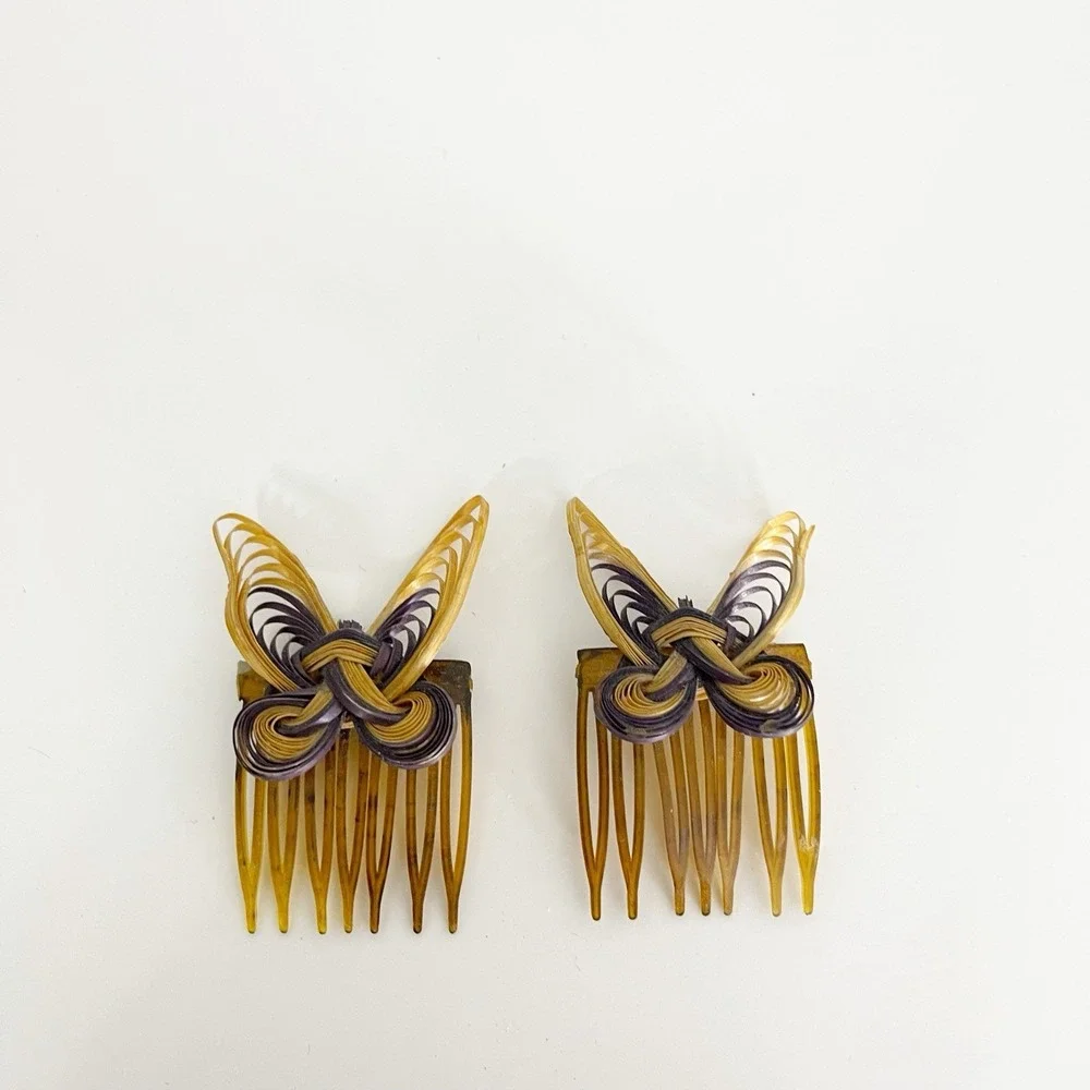 Vintage 80s Wooden Butterfly Comb Clips Set of 2 Plastic Nostalgia Casual Cutie
